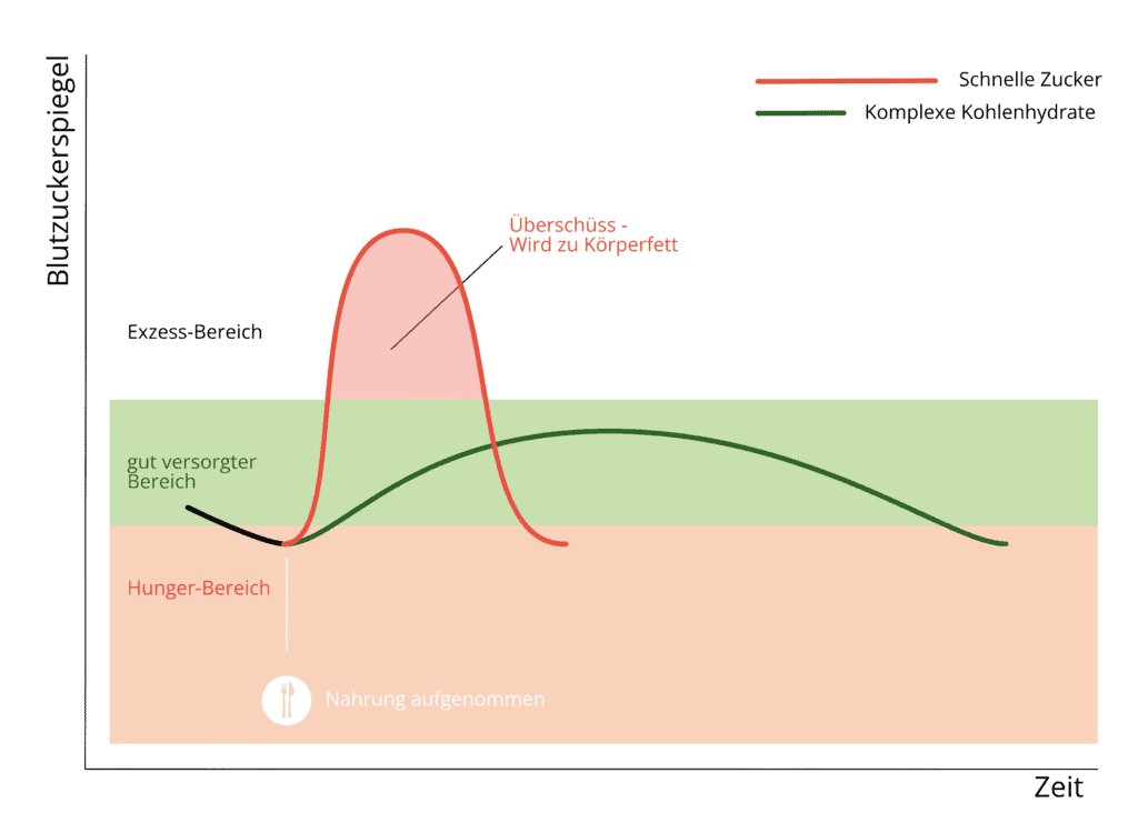 Grafik die den Blutzuckerverlauf von Zuckern und komplexen Kohlenhydraten gegenüberstellt. Während komplexe Kohlenhydrate den Blutzuckerwert nur langsam anheben und über lange Zeit sättigen, schießt der Blutzuckerwert bei Zuckern in die Höhe und fällt genauso schnell wieder ab